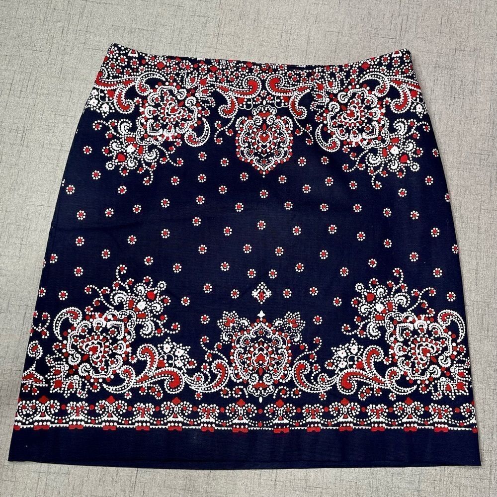 Talbots Navy Blue, Red & White Nautical Paisley Floral Pencil Skirt 8 - Picture 4 of 9